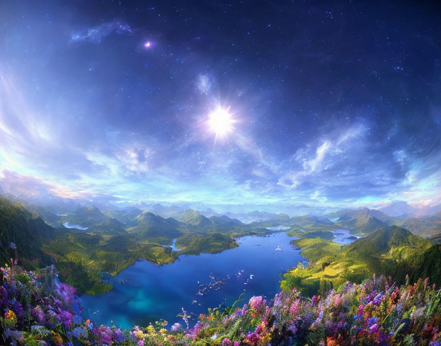 Vibrant lake, mountain backdrop, starry sky, and field of flowers