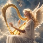 Angelic figure with white wings playing golden harp in clouds