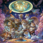 Fantasy scene: Kittens, pink flowers, glowing butterflies, celestial backdrop.