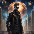 Man in sunglasses and black coat against futuristic cityscape with celestial bodies