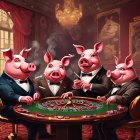 Anthropomorphic pigs in tuxedos at opulent casino roulette table