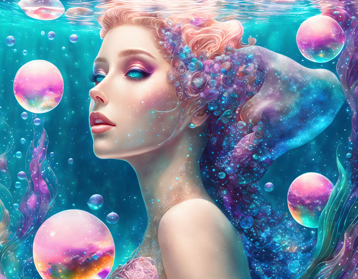 Vibrant surreal illustration: woman in water with colorful bubbles and flowing hair