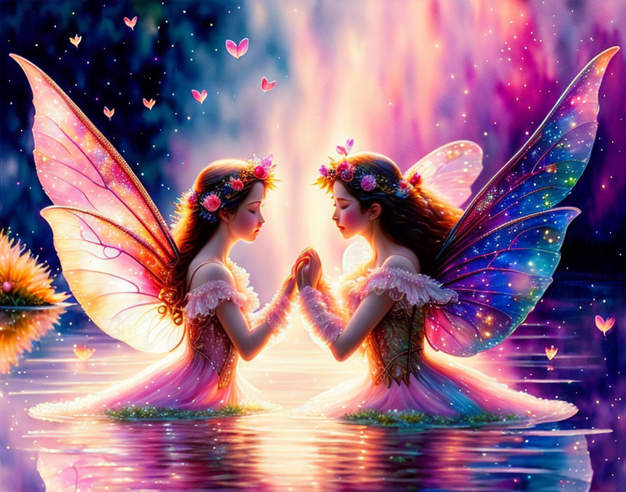 Ethereal fairies with iridescent wings and floral crowns holding hands over reflective water.