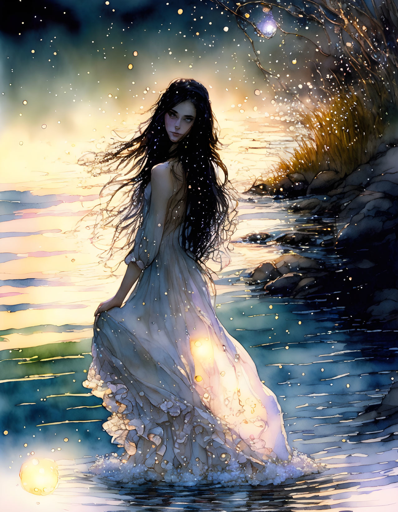 Mystical woman in flowing white dress by shore at twilight