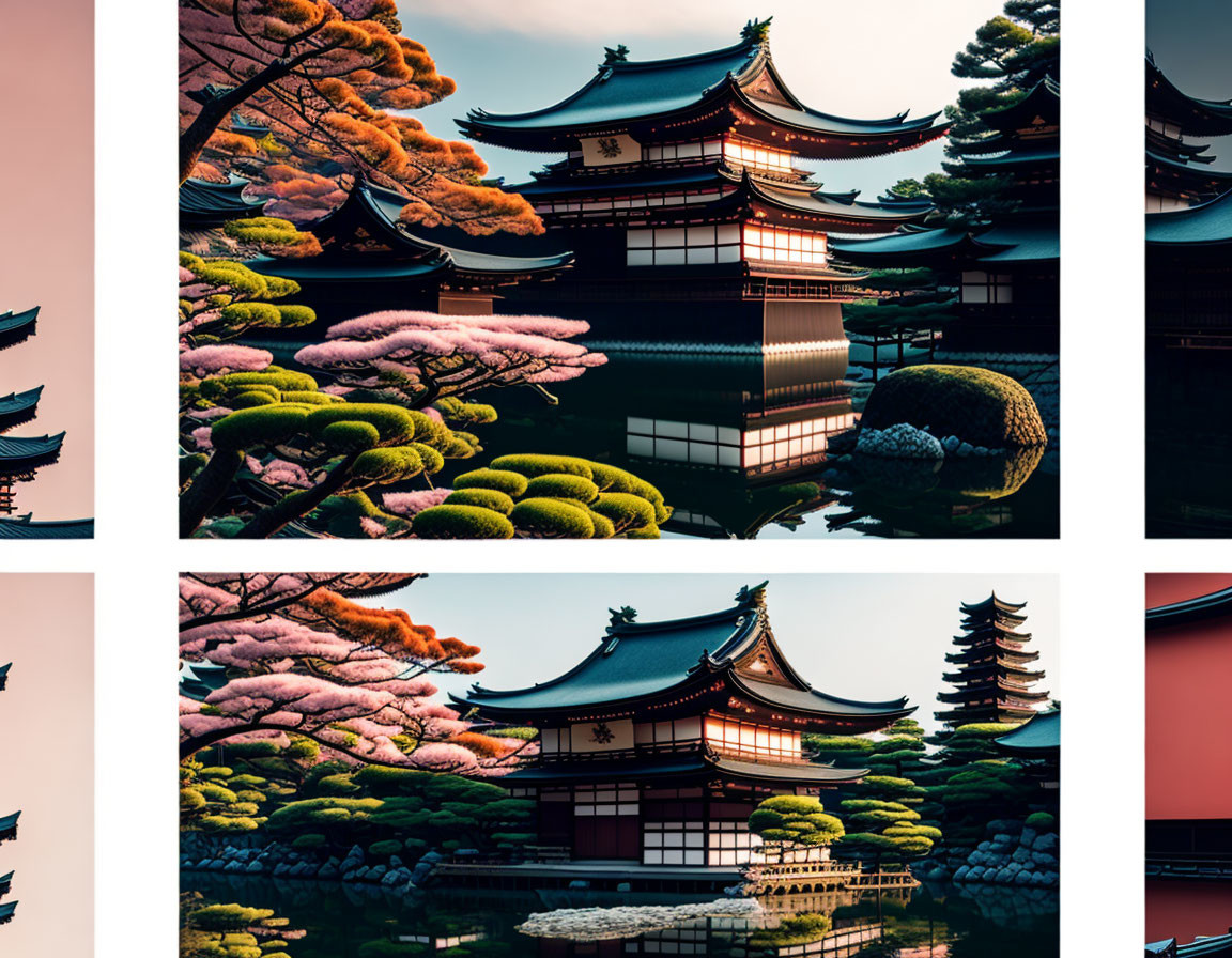 Traditional Japanese pagoda and pine trees in sunset glow