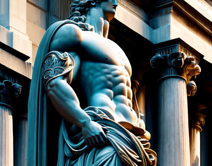 Classical statue displaying muscular male torso against neoclassical columns