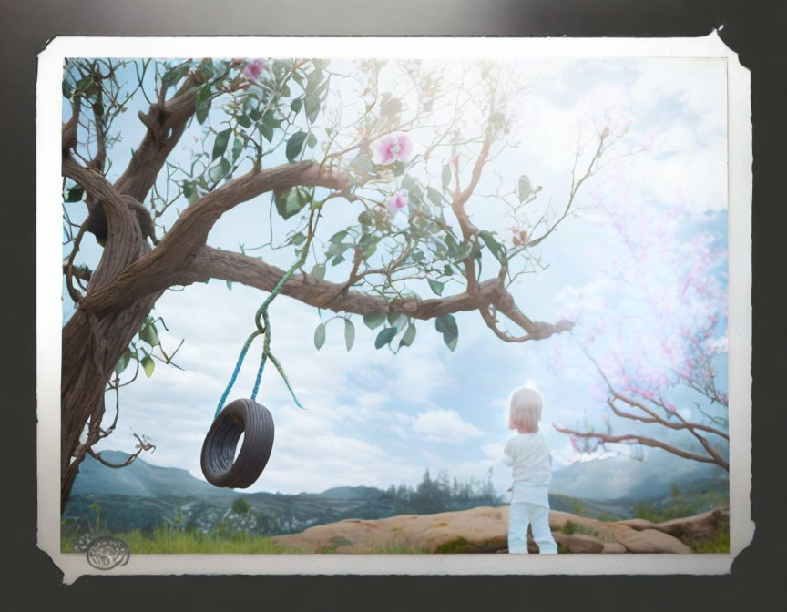 Child near tire swing under pink blossomed tree against cloudy sky & hills