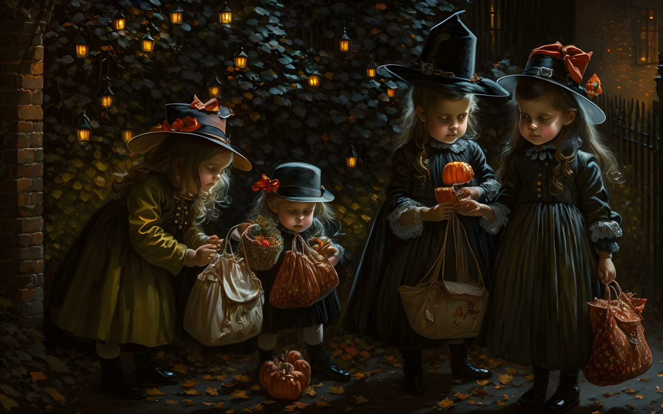 Children in vintage witch costumes trick-or-treating at night.