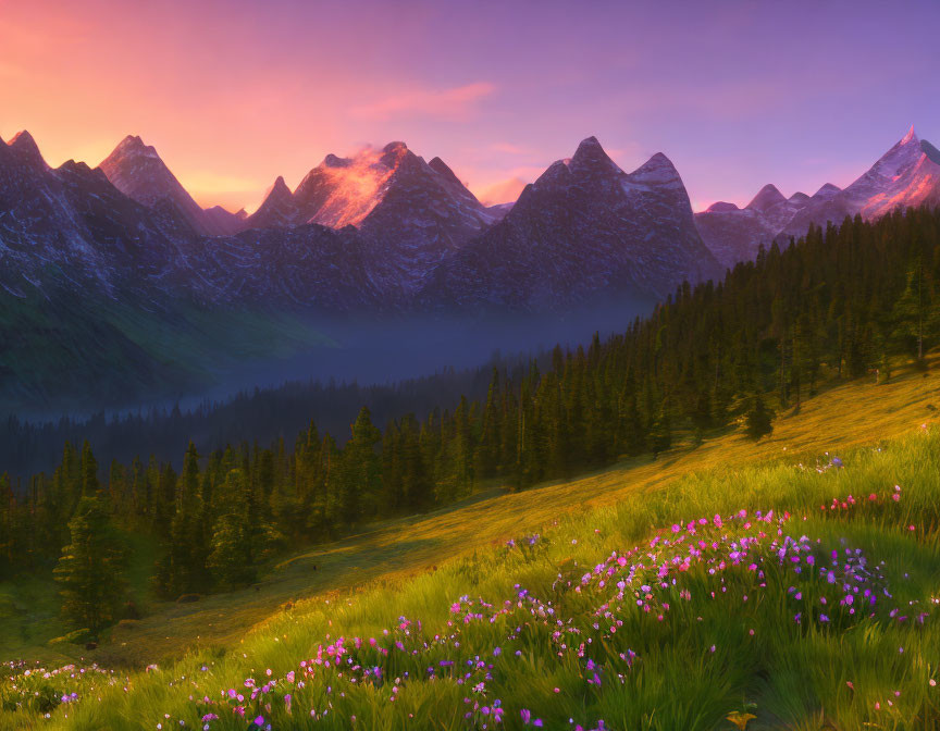 Scenic sunset over mountain range with wildflowers and mist.