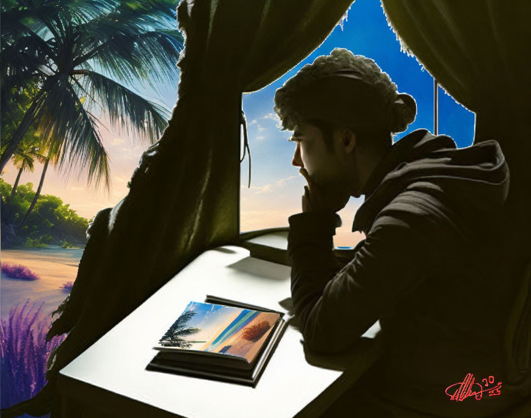 Person Silhouetted by Window with Beach Sunset and Photobook