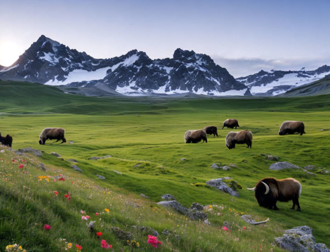 Tranquil green valley with musk oxen, wildflowers, rocky terrain, and snow-c