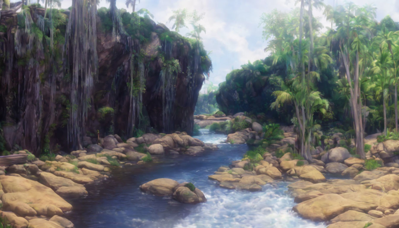 Tranquil river landscape with lush greenery and rocky cliffs