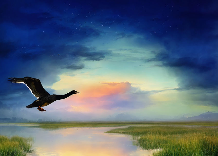 Solitary goose flying over serene wetland at twilight