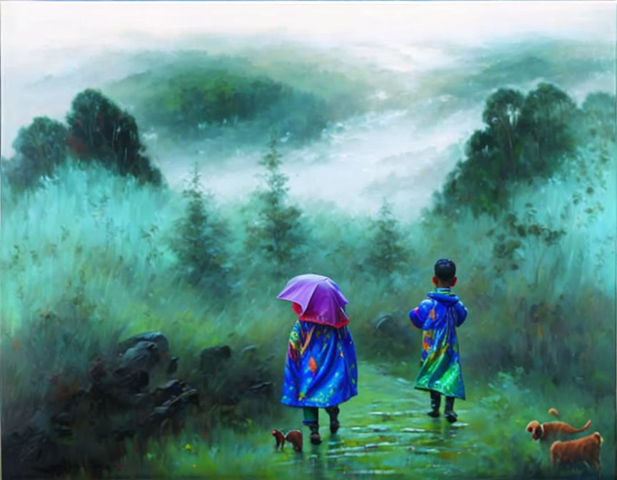 Children and dog in colorful raincoats on misty green path