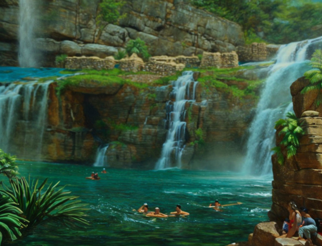 Scenic waterfall with swimmers and kayakers, rocky cliffs, green foliage