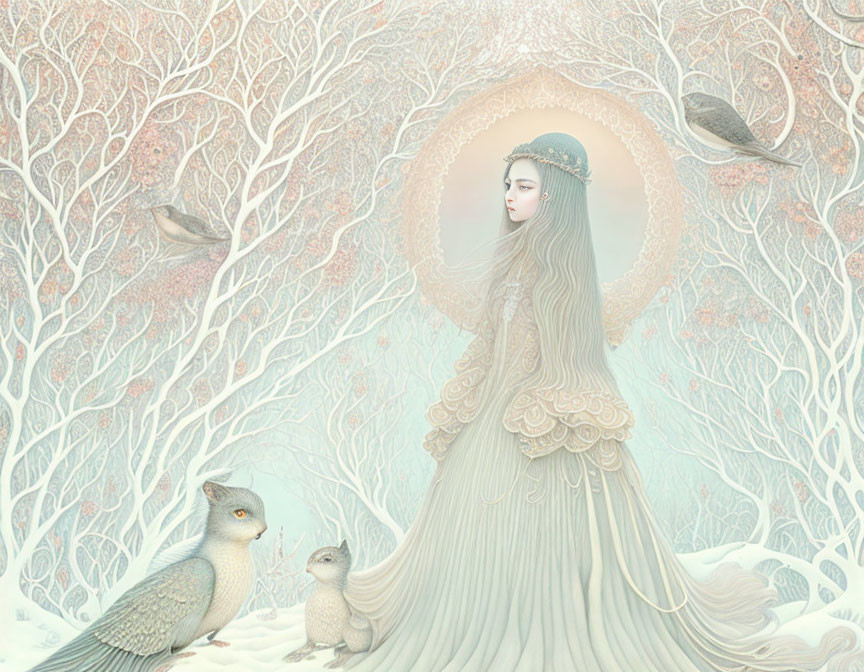 Ethereal woman in flowing gown in mystical forest with fantastical creatures