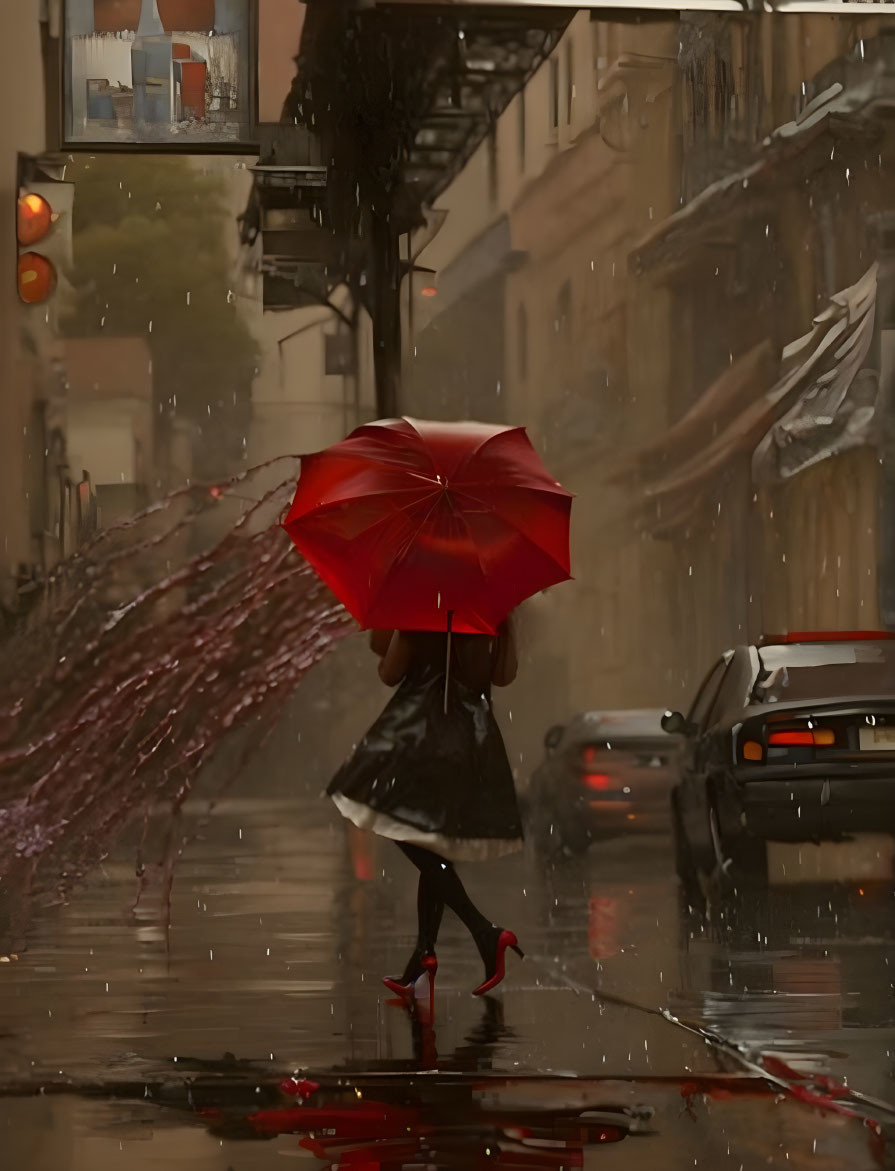 Person with Red Umbrella Walking on Rain-Soaked Street