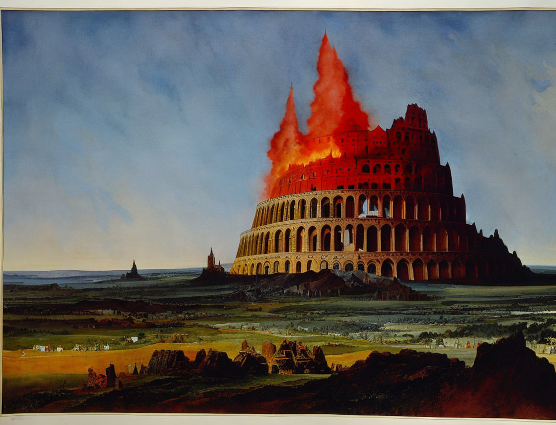 Tower of Babel painting engulfed in flames amid vast landscapes