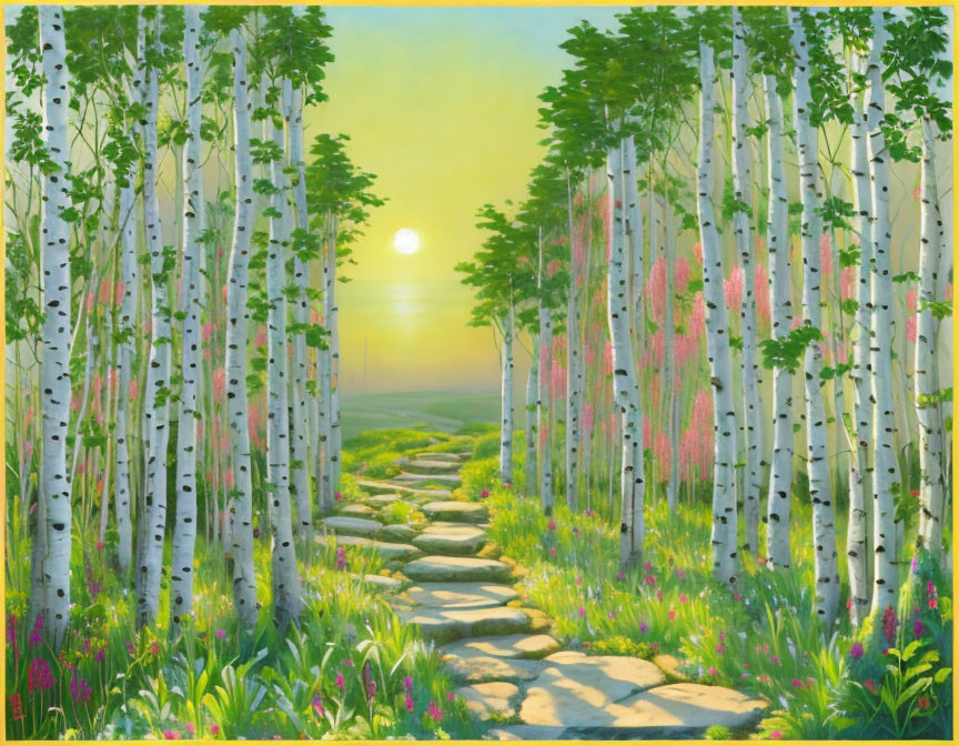 Tranquil Pathway with Birch Trees and Colorful Flowers at Sunrise