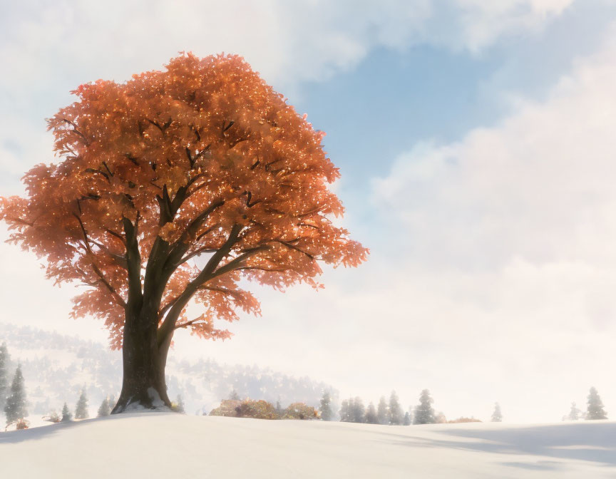 Orange-leaved tree in snowy landscape under hazy sunlit sky