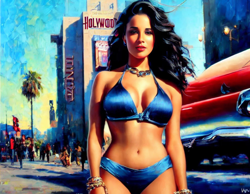 Vibrant digital painting of woman in blue bikini with Hollywood street scene.