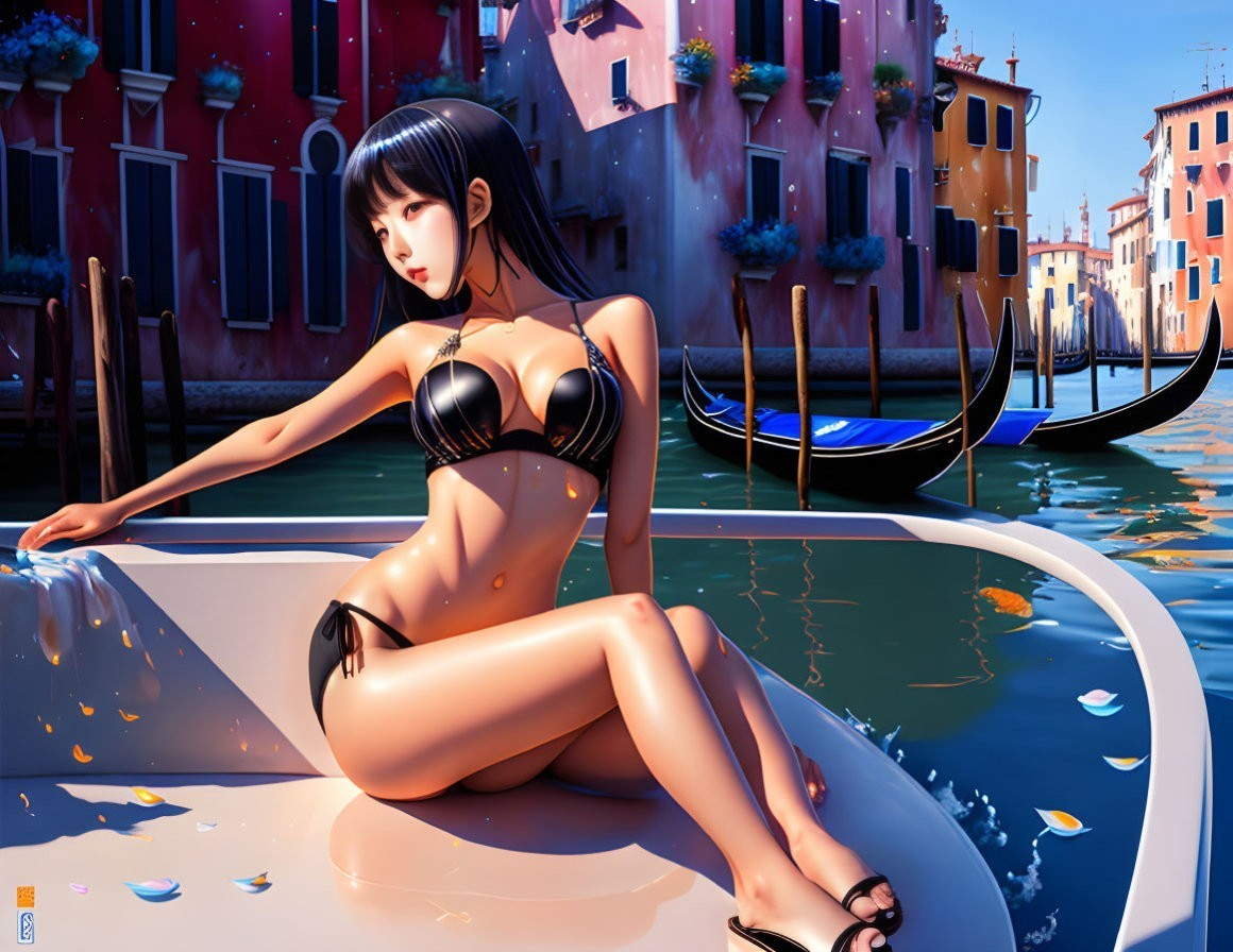 Anime-style girl in bikini on boat with Venetian architecture.