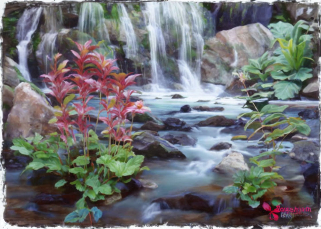 Tranquil waterfall painting with red and green foliage