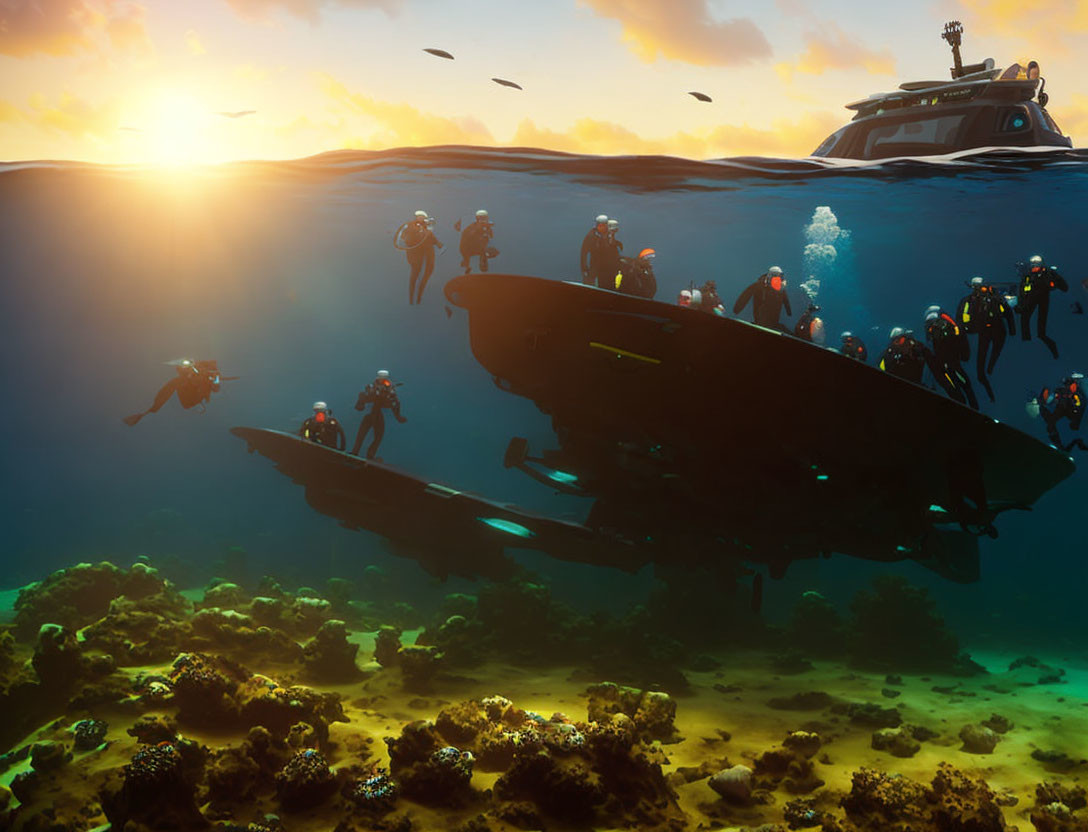 Sunken shipwreck exploration in clear waters with sunset scene