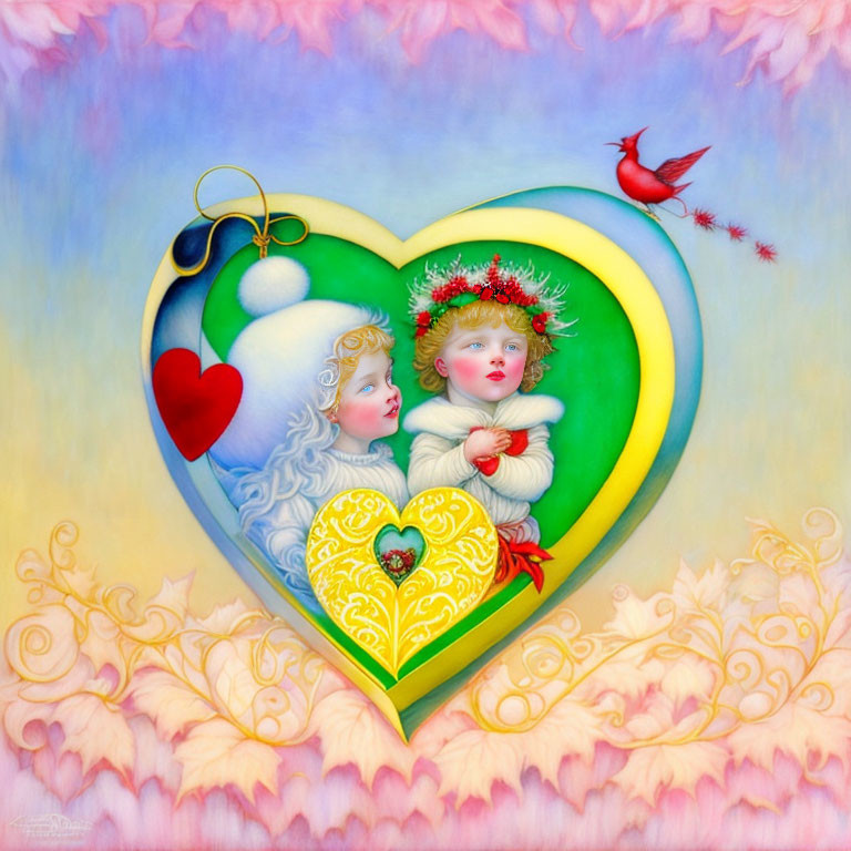 Ornate heart frame with angelic children and red bird on pastel background