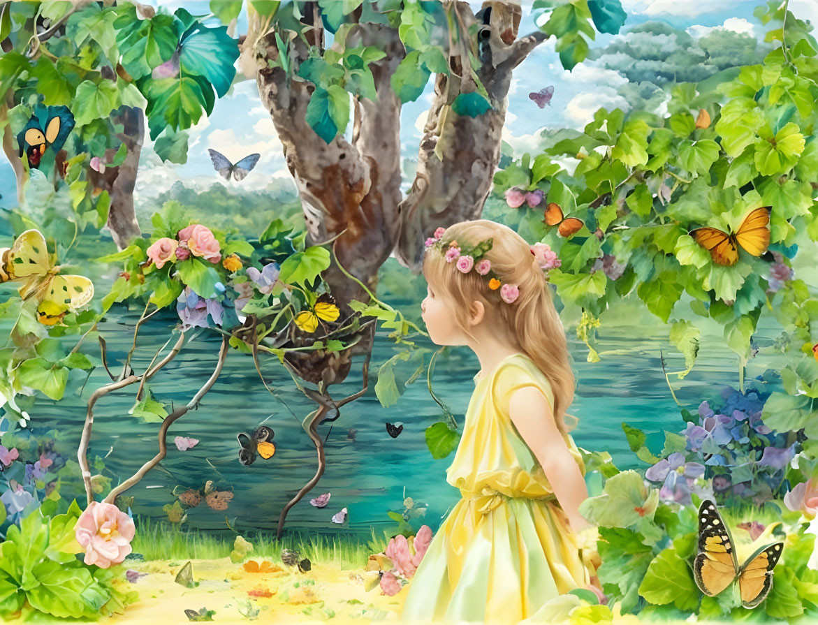 Young girl in yellow dress with floral crown admires butterflies by serene lake