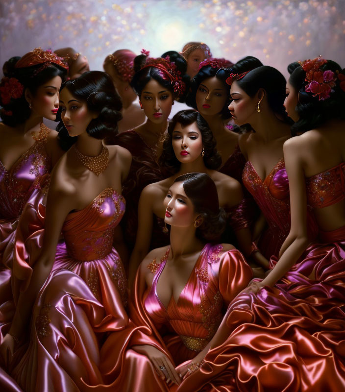 Women in elegant satin gowns with flower adornments showcasing grace and beauty