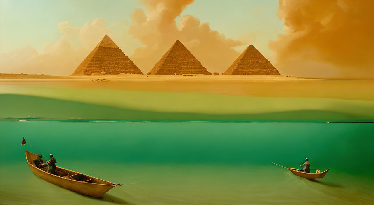 Boats, Pyramids, and Golden Sky Scene