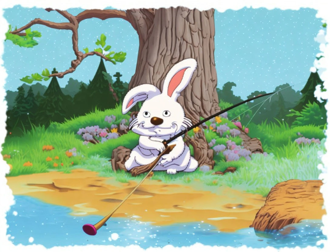 Illustration of white rabbit fishing by stream