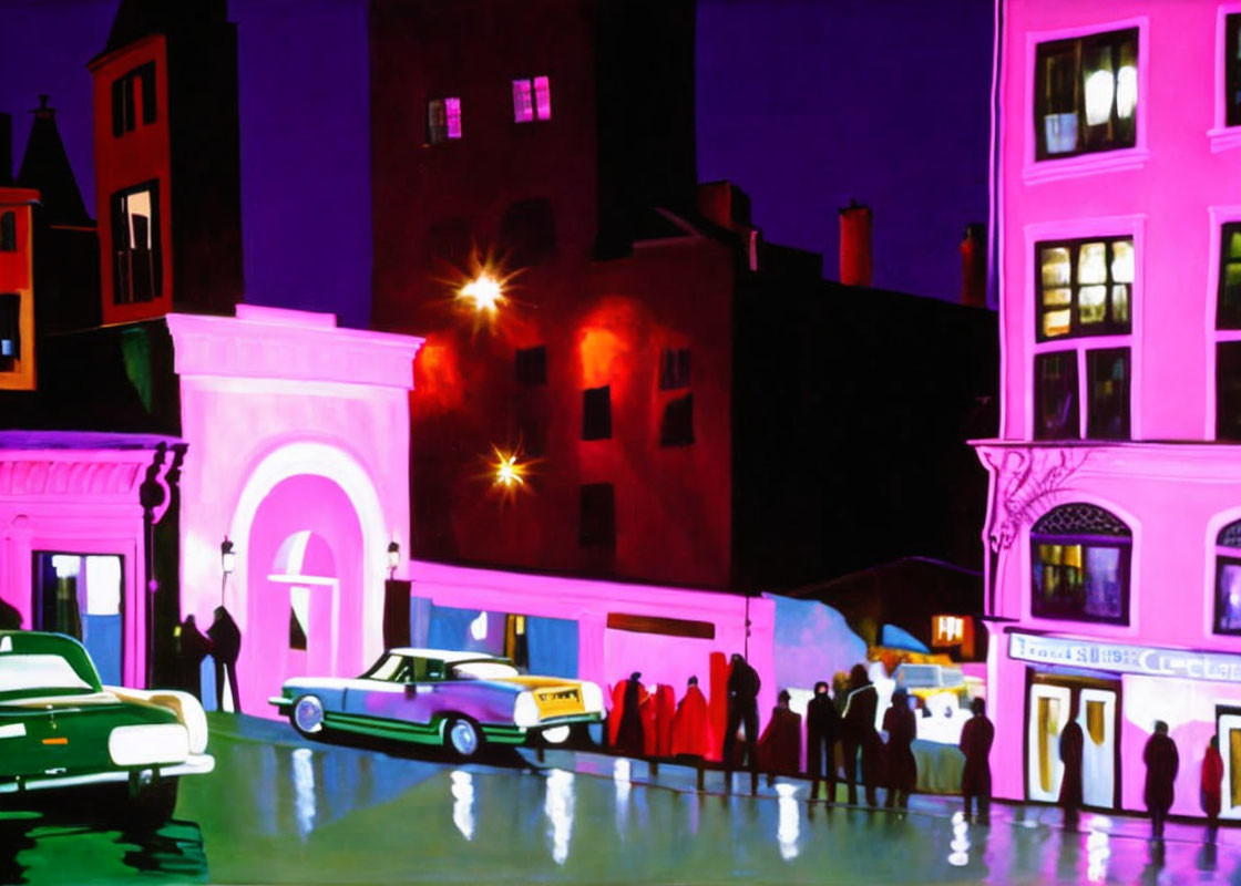 Vibrant city street at night: colorful stylized painting