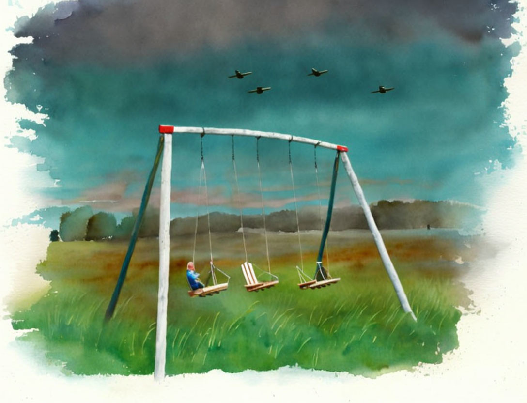 Children on swing set in grassy field with birds in cloudy sky