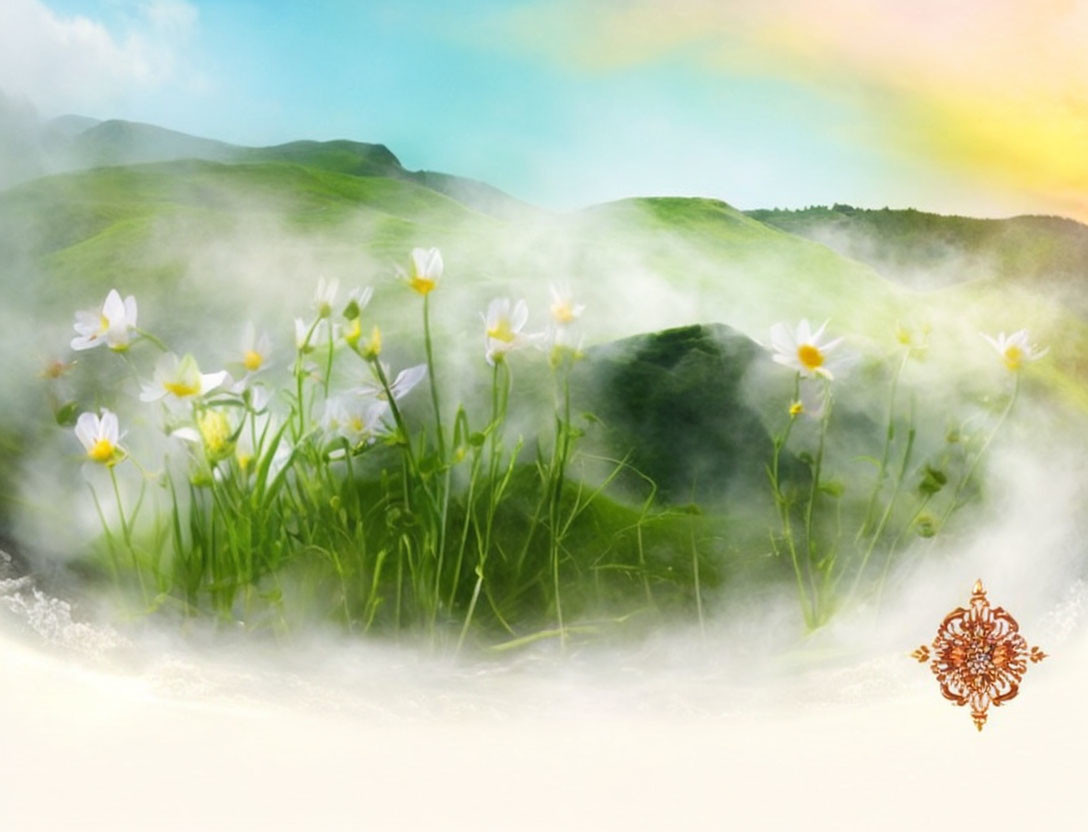 Tranquil landscape with pastel hills, mist, sunlight, and white flowers