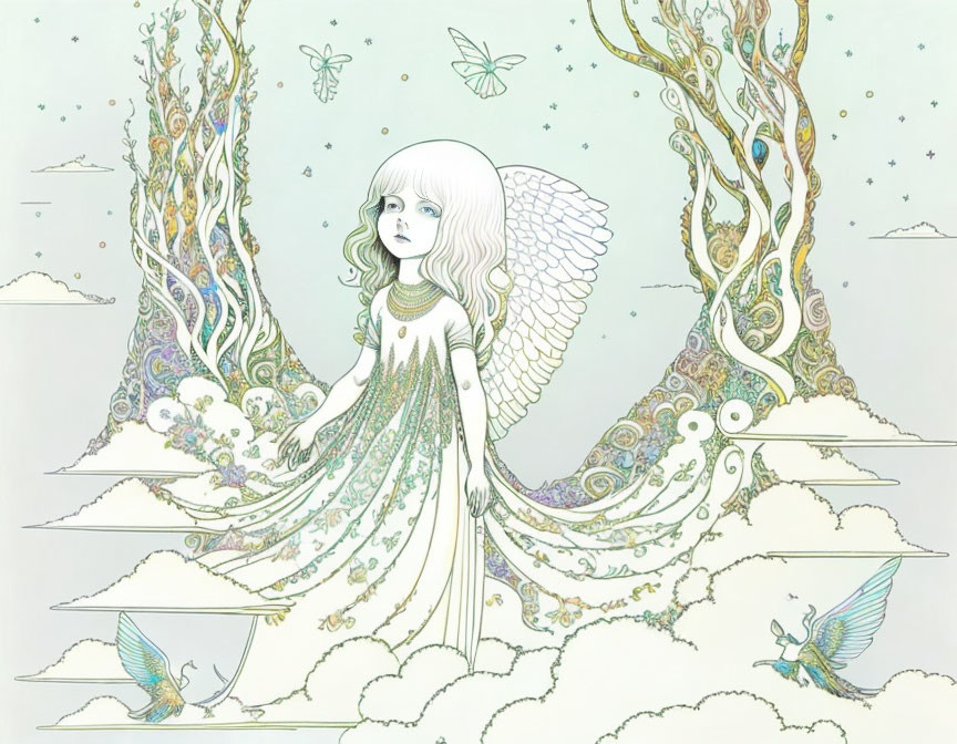 Fantasy illustration: Winged girl in flowing gown with intricate nature backdrop