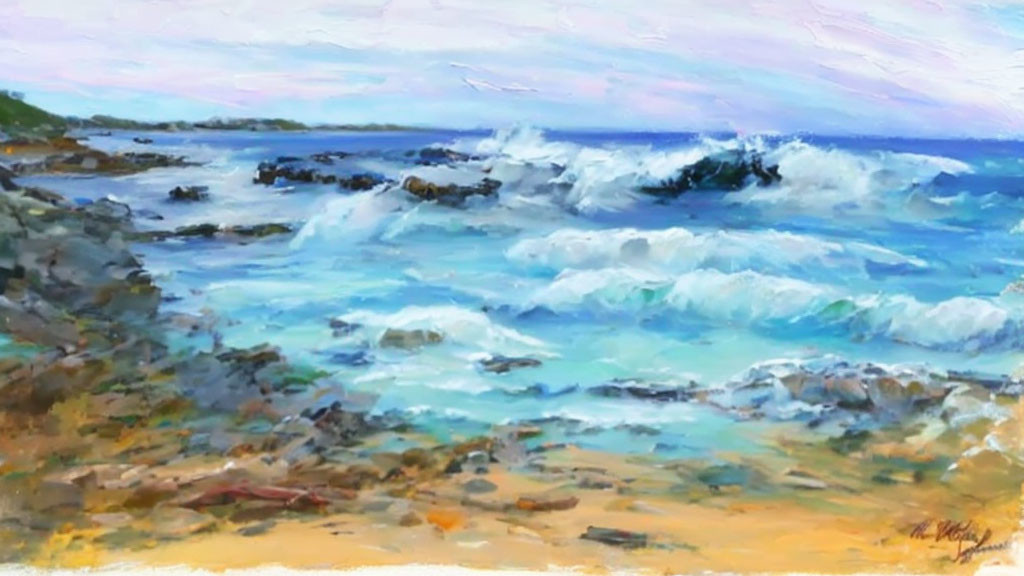 Impressionistic painting of rocky shoreline with crashing waves