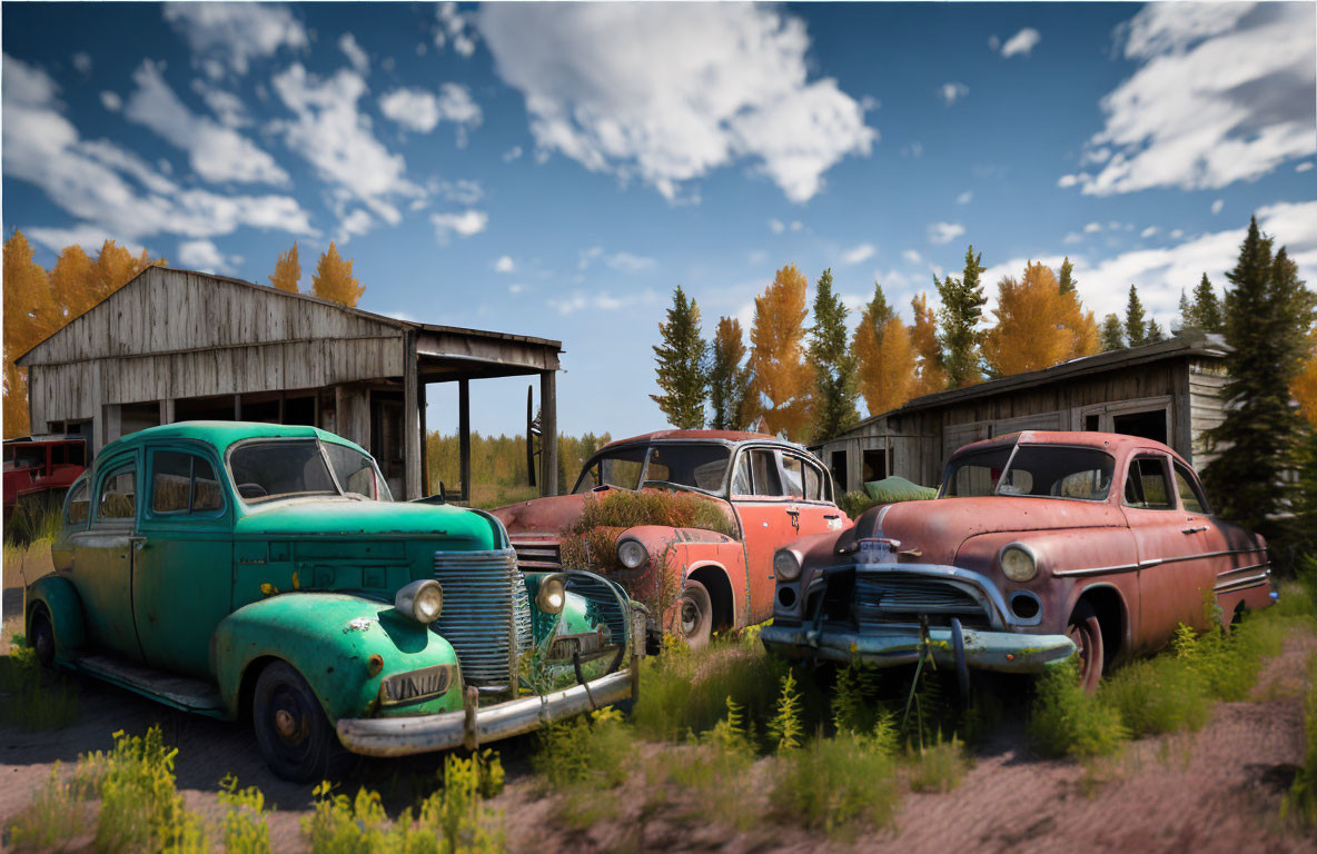 Abandoned rusty cars in overgrown grass with barn and trees under blue sky