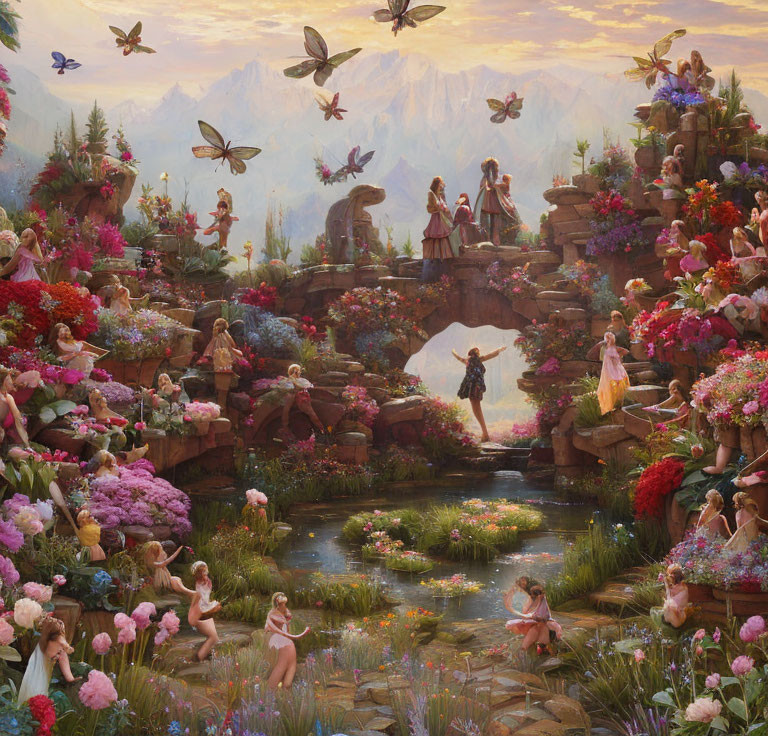 Vibrant fairytale garden with fairies, flowers, bridges, pond, mountains under glowing