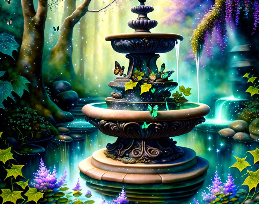 Enchanted garden with mystical fountain, vivid flowers, butterflies, and glowing sparkles