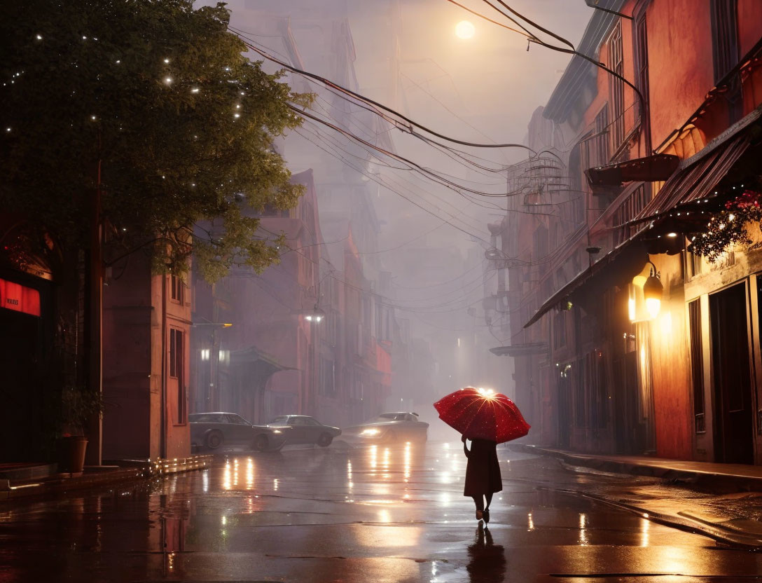 Person with Red Umbrella Walking on Rain-Soaked Night Street