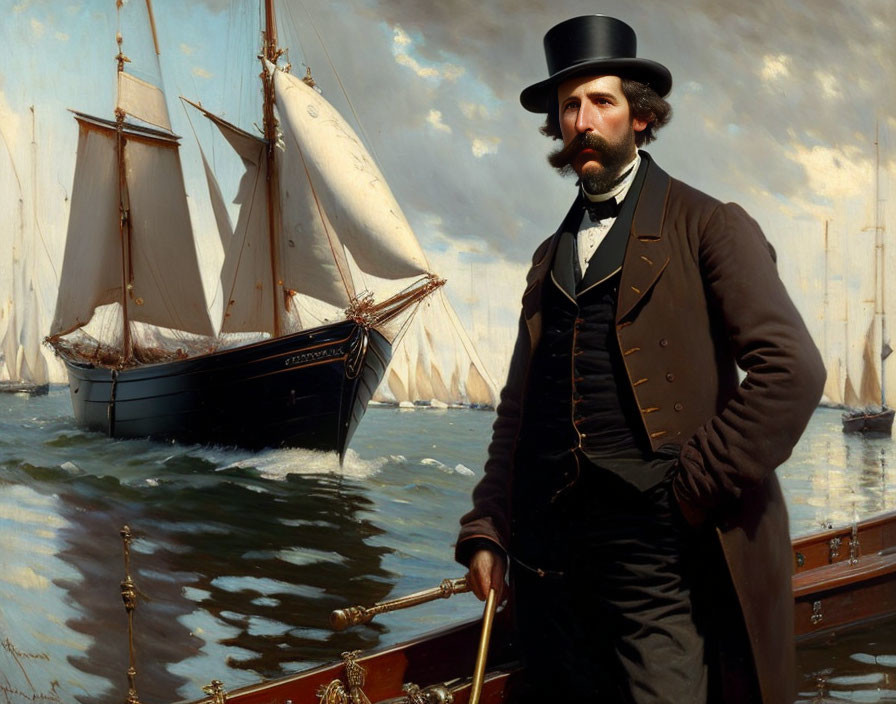 Bearded man in black coat and top hat on boat with sailing ships and cloudy sky