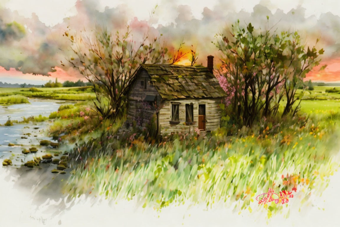 Scenic watercolor: wooden cabin in meadow by river