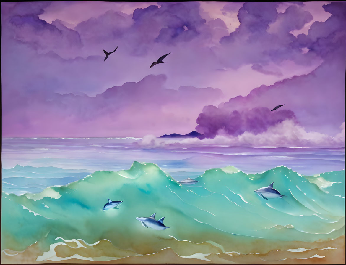 Stylized painting of green waves, fish, purple sky, and flying birds