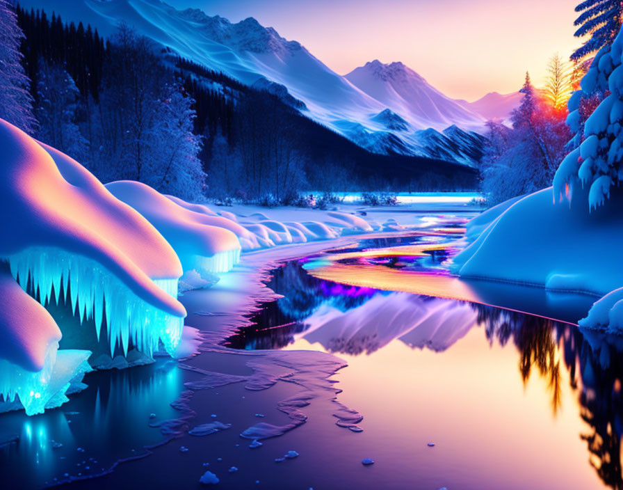 Tranquil winter landscape with blue and pink skies, icy river, snow-covered mountains