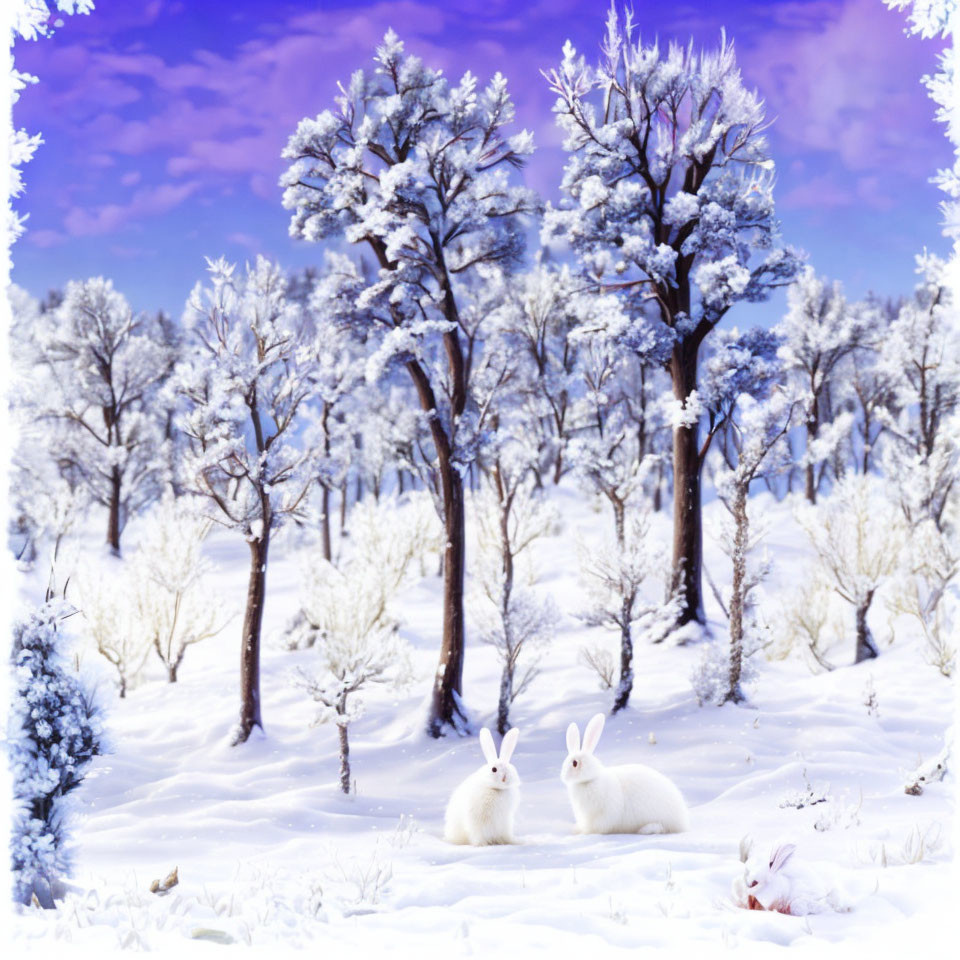 Snow-covered trees and white rabbits in serene winter landscape