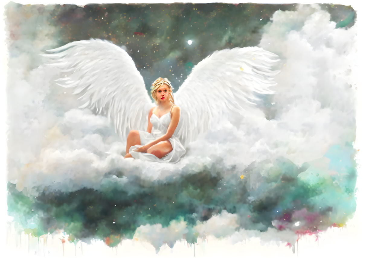 Angel wings person on cloud in celestial setting