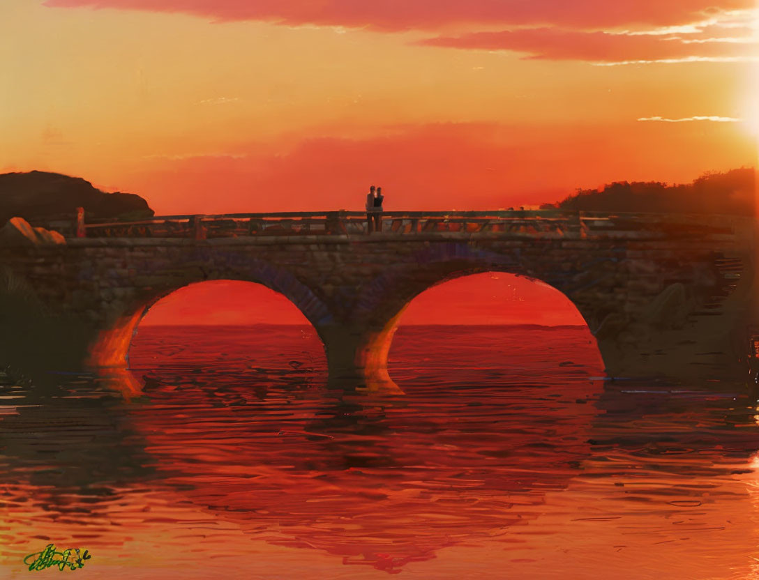 Stone bridge with two arches over reflective water at sunset with silhouettes of two people and vibrant