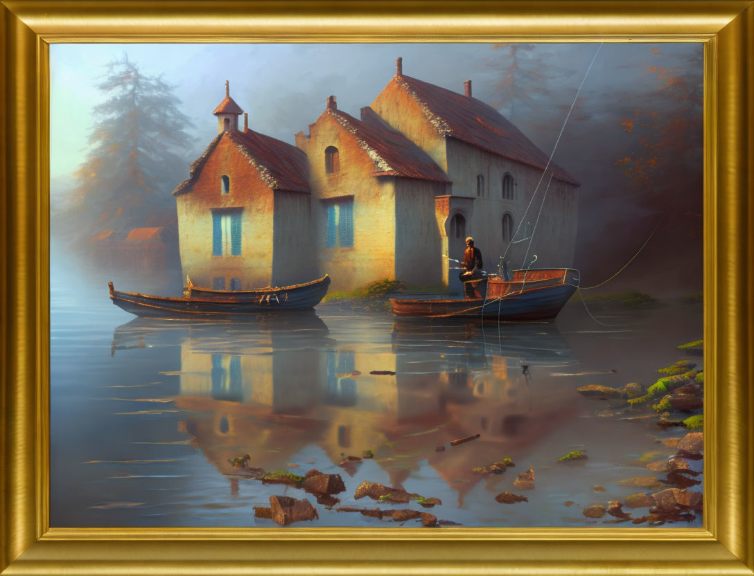 Tranquil fishermen on boat near cottage in golden frame